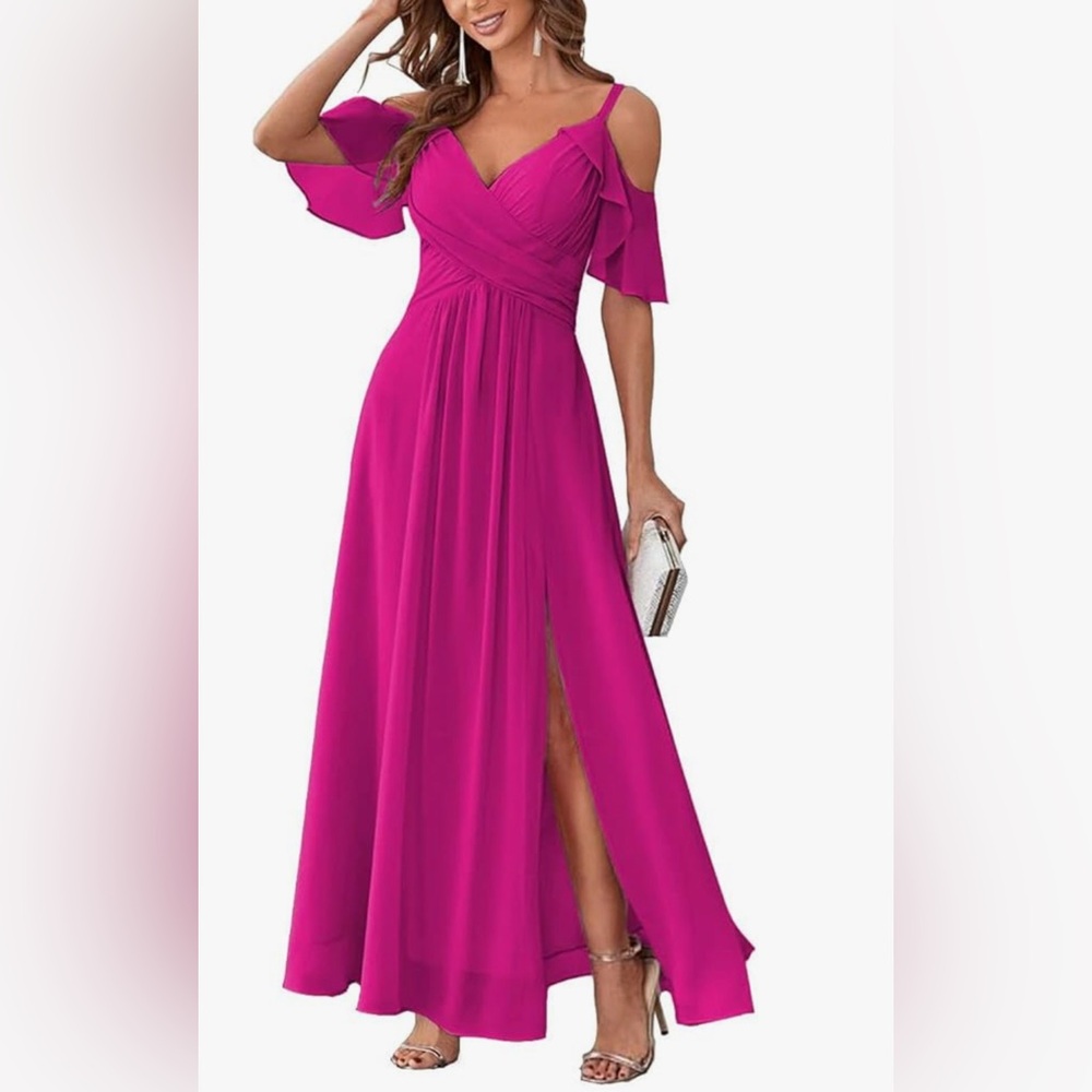 Elegant Chiffon Bridesmaids Pink/ Fuchia Maxi Dress, NWOT size 10